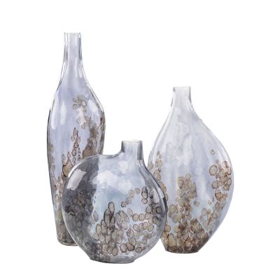 John Richard Sky Grey Crackled Glass Vases Set of 3 