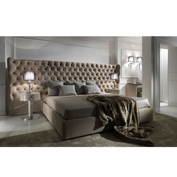 Button Upholstered Italian Bed with Extended Headboard