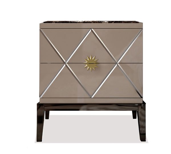 Luxury Italian Designer Lacquered Bedside Cabinet with Marble Top Cappuccino
